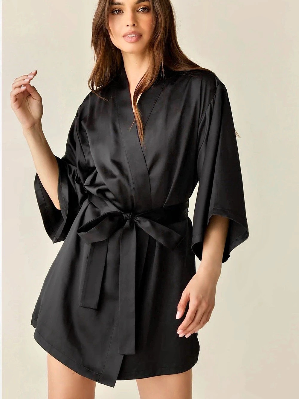 Mason grey Adriana Black Luxe Satin Kimono Robe - NWT